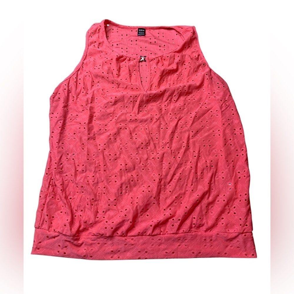 💜 SHEIN Coral Pink Eyelet Embroidery Tank Top | Keyhole Neck Sleeveless - Large